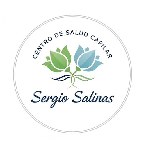 Logo for Centro de Salud Capilar Sergio Salinas featuring two stylized flower petals in green and blue with roots and text on circular border